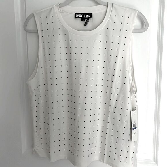DKNY Jeans  Sleeveless Top With Square Mirror Embellishments Silky Stretchy - Picture 1 of 9